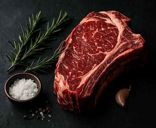 Ein Saftiges Steak auf einem Brett neben Gemüse zur Dekoration